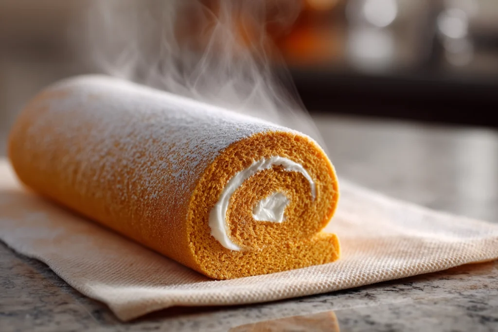 Fall Pumpkin Spice Roll Cake: A Cozy Dessert That Steals the Show 9 fall pumpkin spice roll cake being rolled on towel with powdered sugar in modern kitchen