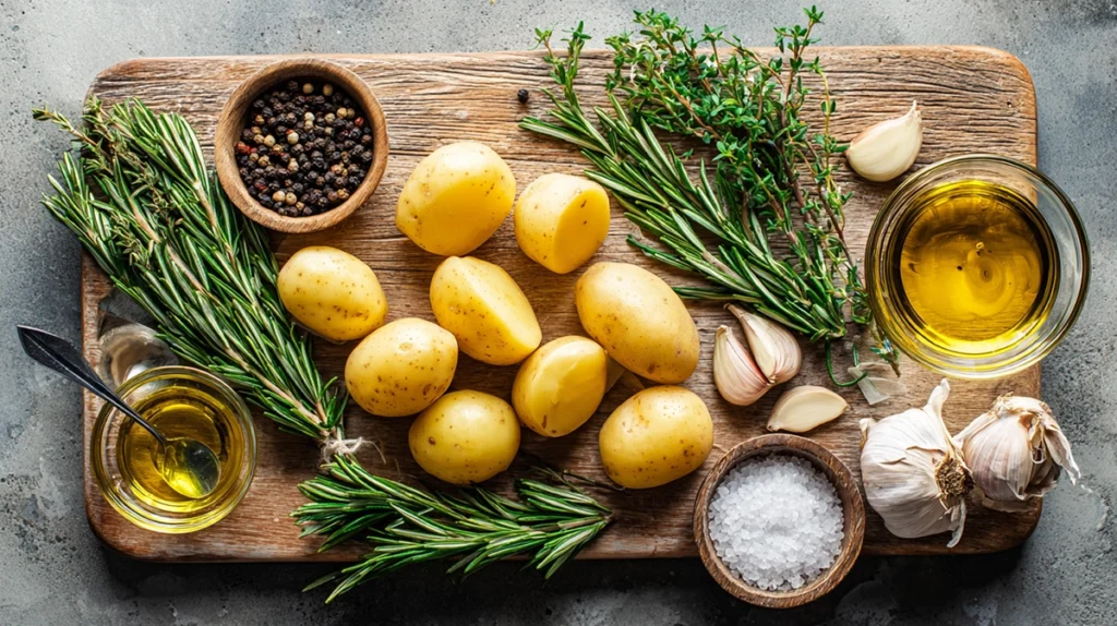 Rosemary Infused Roast Potatoes That Stay Crispy Every Time 8 Overhead shot of rosemary infused roast potatoes ingredients on wooden board