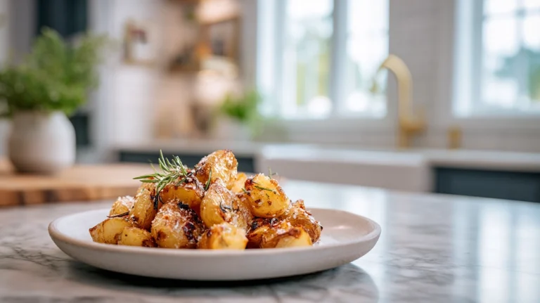 Crispy rosemary infused roast potatoes plated on marble counter in modern kitchen