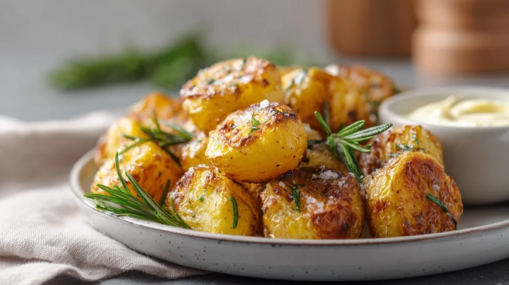 Rosemary Infused Roast Potatoes That Stay Crispy Every Time 11 Plated rosemary infused roast potatoes garnished with rosemary and sea salt