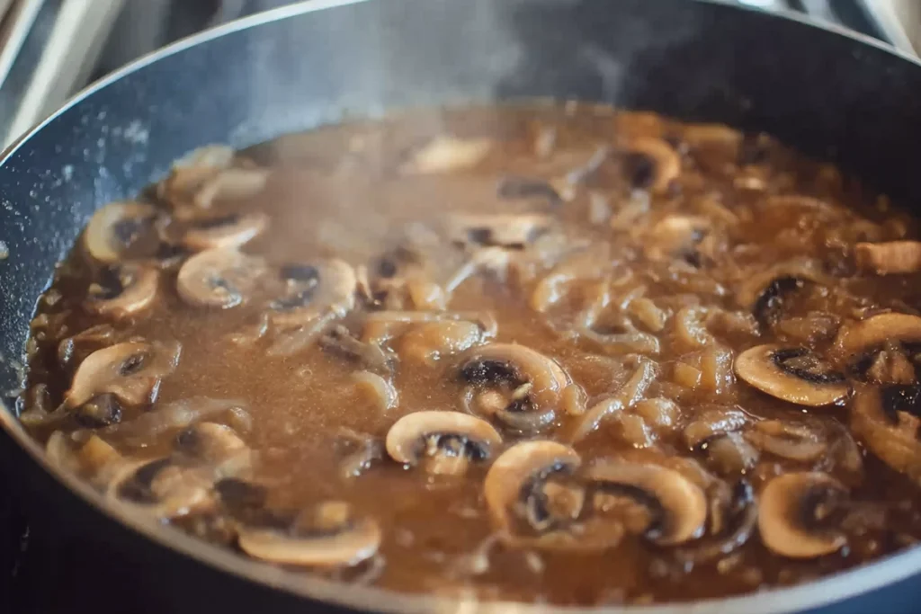 Close-up of mushroom and onion gravy simmering in skillet for Salisbury steak recipes ground beef