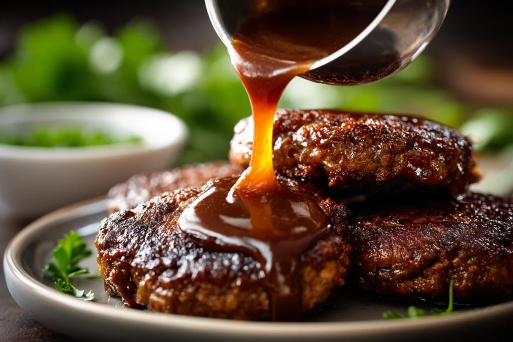 Gravy being poured over Salisbury steak patties on a white plate in modern kitchen