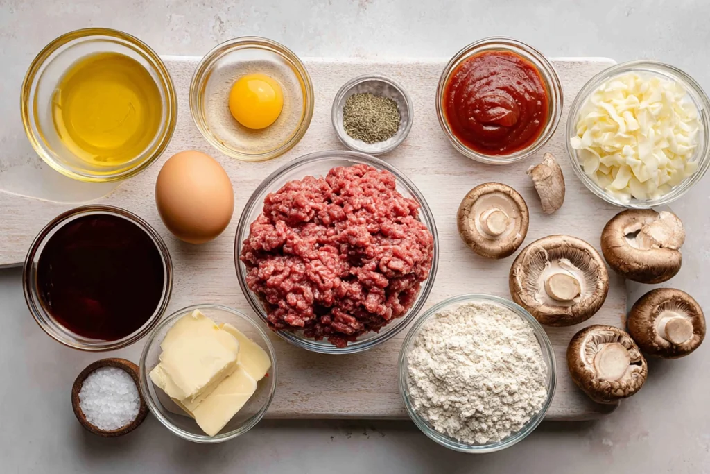 Salisbury steak recipes ground beef ingredients arranged neatly in glass bowls