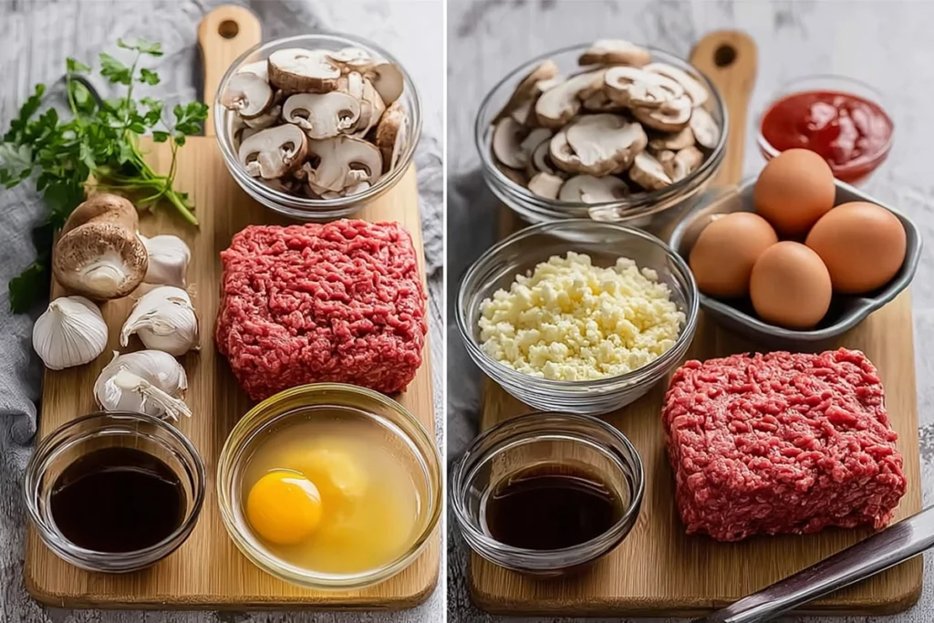 Overhead shot of Salisbury steak ingredients including ground beef, onions, mushrooms, and seasonings on wooden board