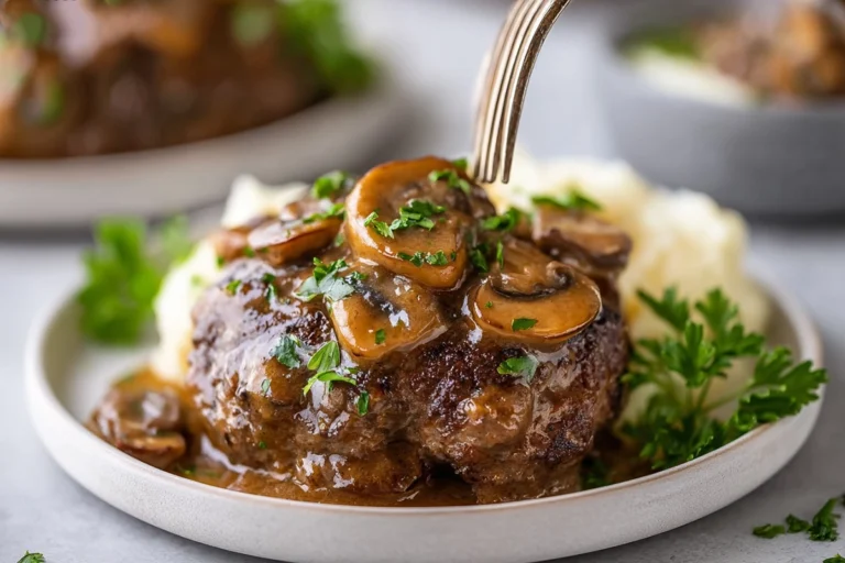 Salisbury steak with mushroom gravy on a white plate in modern kitchen, bright natural light