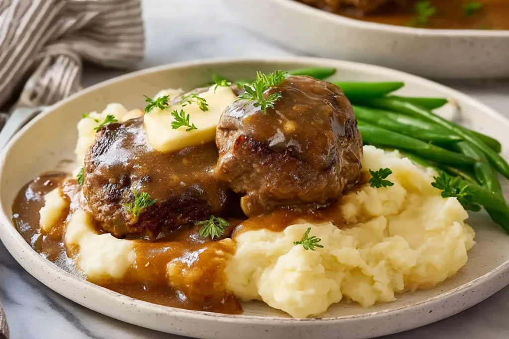 Salisbury steak served with mashed potatoes and green beans on modern kitchen table