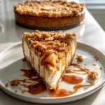 Salted Caramel Apple Pie Cheesecake – The Fall Dessert Everyone’s Talking About 7 slice of salted caramel apple pie cheesecake topped with caramel drizzle and apples in modern kitchen