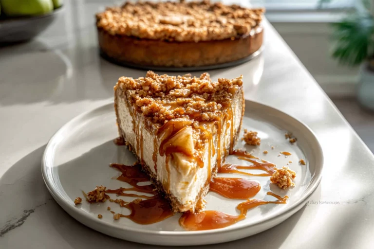 Salted Caramel Apple Pie Cheesecake – The Fall Dessert Everyone’s Talking About 12 slice of salted caramel apple pie cheesecake topped with caramel drizzle and apples in modern kitchen