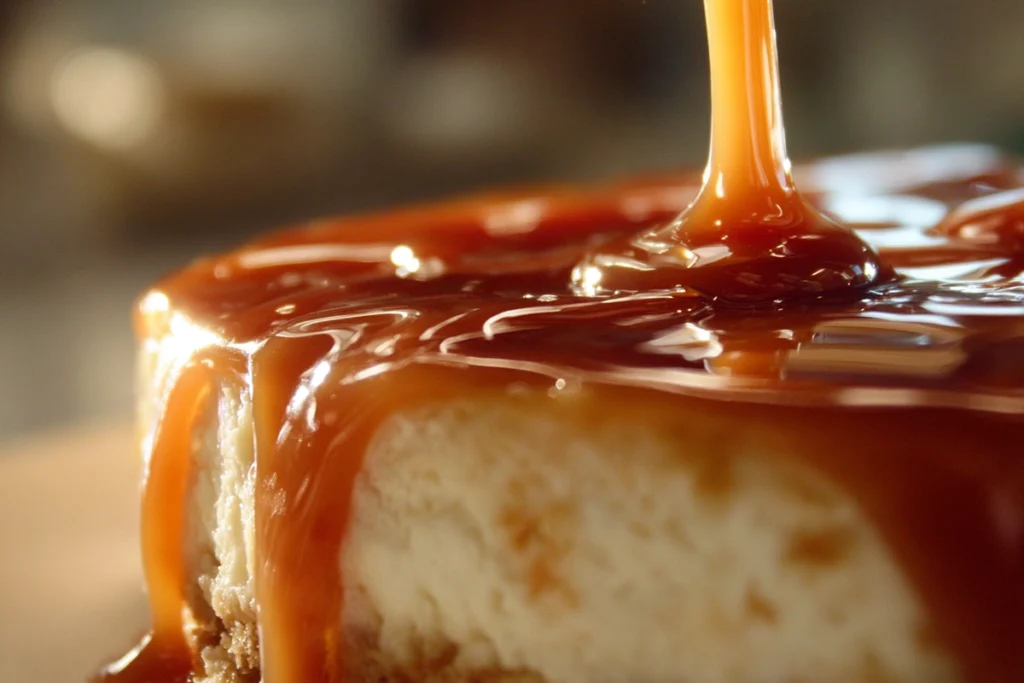 Salted Caramel Apple Pie Cheesecake – The Fall Dessert Everyone’s Talking About 11 macro close-up of salted caramel drizzle over apple pie cheesecake topping
