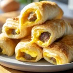 sausage egg breakfast roll ups served warm on a ceramic plate in a modern home kitchen