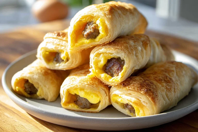 sausage egg breakfast roll ups served warm on a ceramic plate in a modern home kitchen