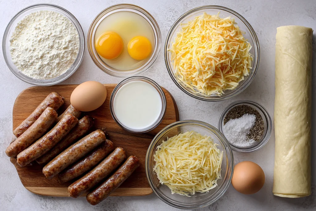 ingredients for sausage egg breakfast roll ups arranged neatly on a kitchen counter