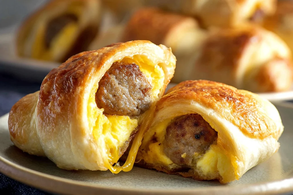 sausage egg breakfast roll ups cut open and ready to eat