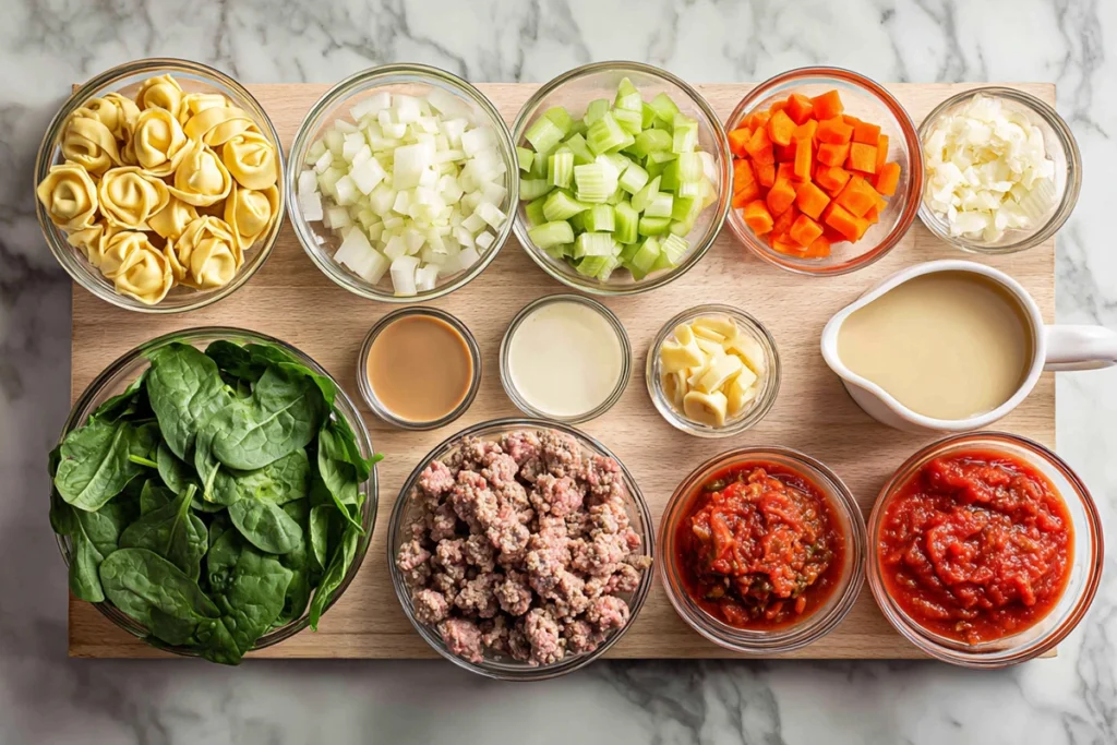 Creamy Sausage Tortellini Soup – The Cozy One-Pot Dinner You’ll Crave All Winter 7 overhead shot of sausage tortellini soup ingredients arranged on modern kitchen counter