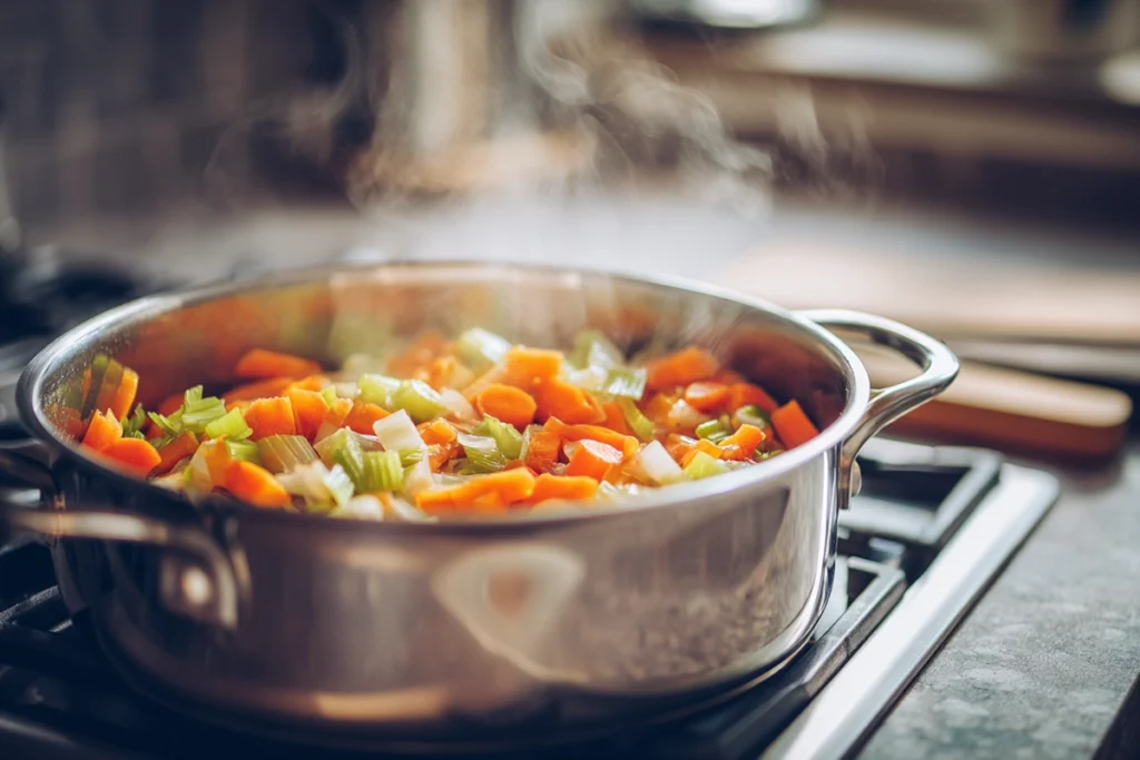 onions, carrots, and celery sautéing in olive oil for white bean soup in a modern kitchen