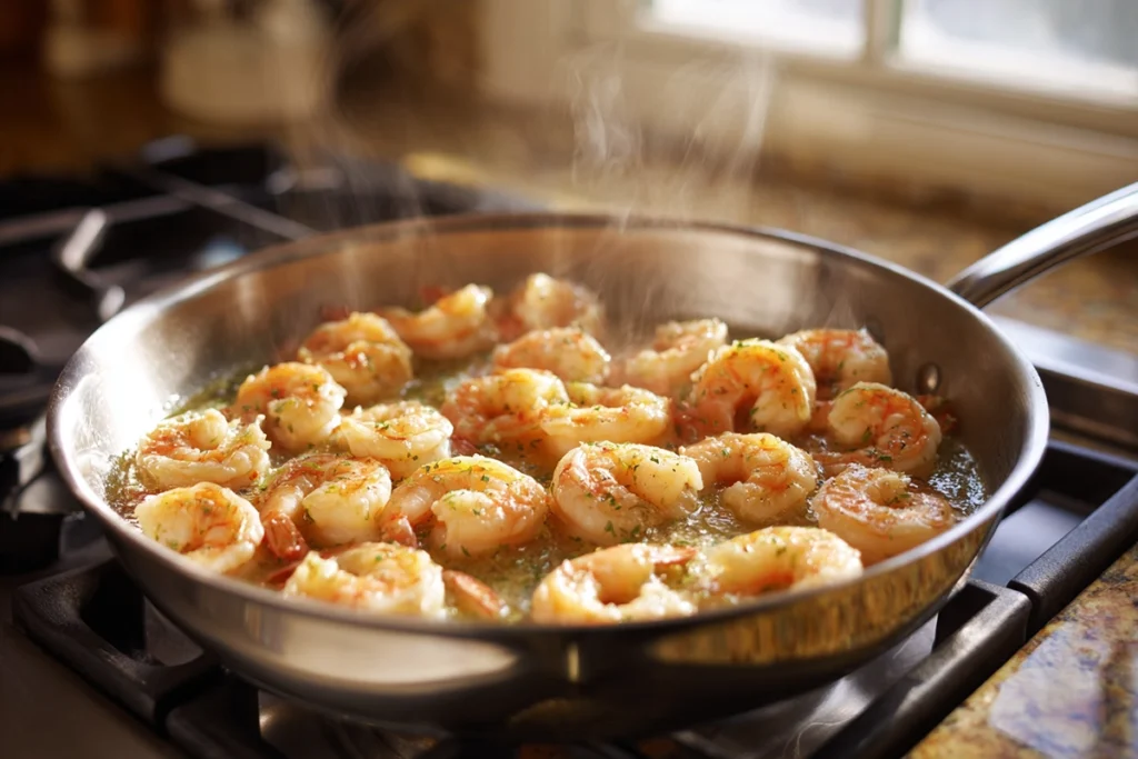 shrimp sautéing in skillet for creamy Jamaican shrimp pasta
