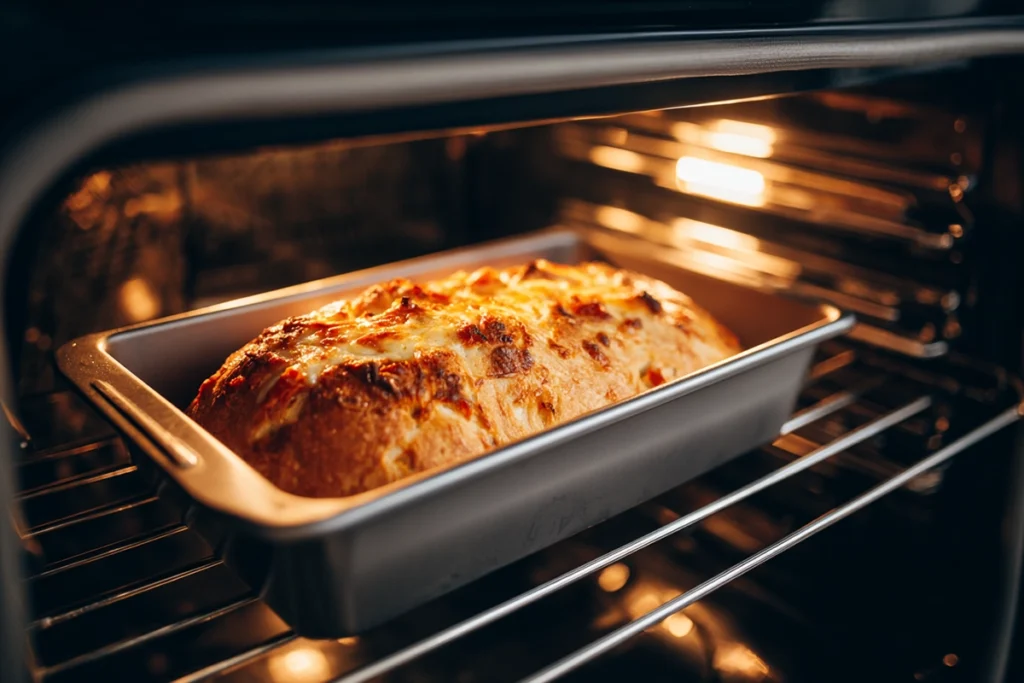Savory Caprese Bread – A Fresh Twist on an Italian Classic 10 Savory Caprese bread baking in the oven with a golden crust and melted mozzarella, viewed through a modern kitchen oven door.