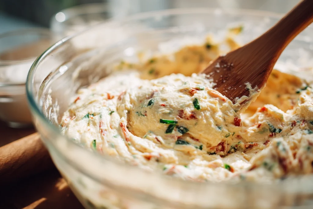 Savory Caprese Bread – A Fresh Twist on an Italian Classic 9 Mixing savory Caprese bread batter with basil, mozzarella, and sun-dried tomatoes in a glass bowl under natural light.