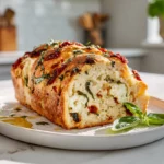 Savory Caprese Bread – A Fresh Twist on an Italian Classic 7 Close-up of freshly baked savory Caprese bread sliced on a modern kitchen counter with basil and sun-dried tomatoes.