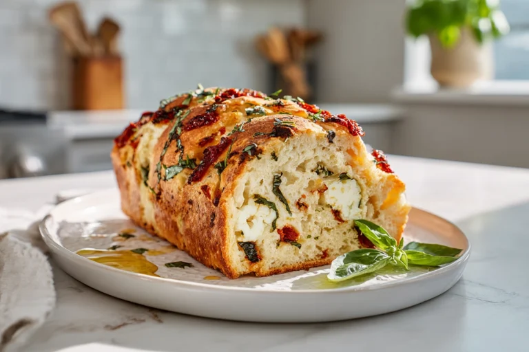 Savory Caprese Bread – A Fresh Twist on an Italian Classic 14 Close-up of freshly baked savory Caprese bread sliced on a modern kitchen counter with basil and sun-dried tomatoes.