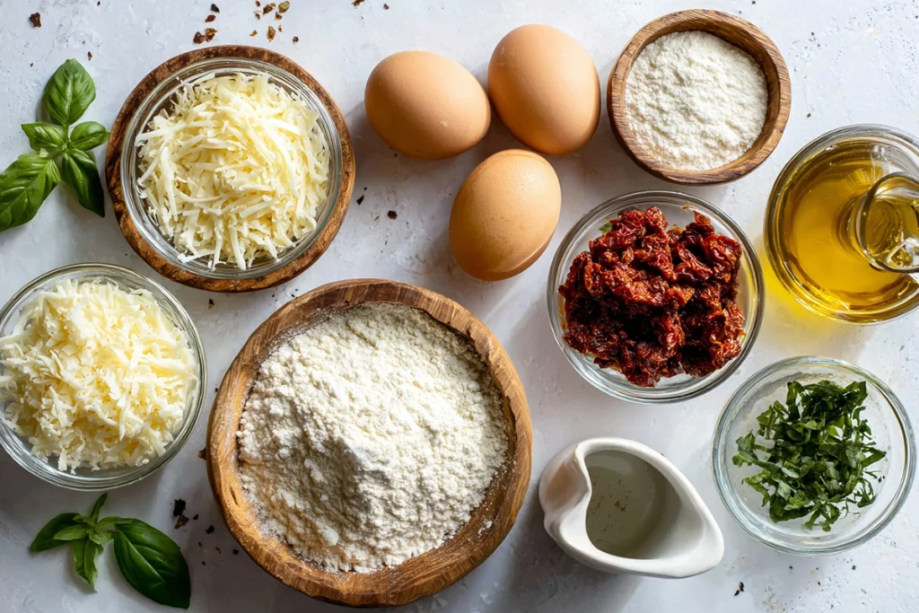 Savory Caprese Bread – A Fresh Twist on an Italian Classic 8 Overhead photo of savory Caprese bread ingredients including mozzarella, basil, olive oil, and sun-dried tomatoes on a marble counter.