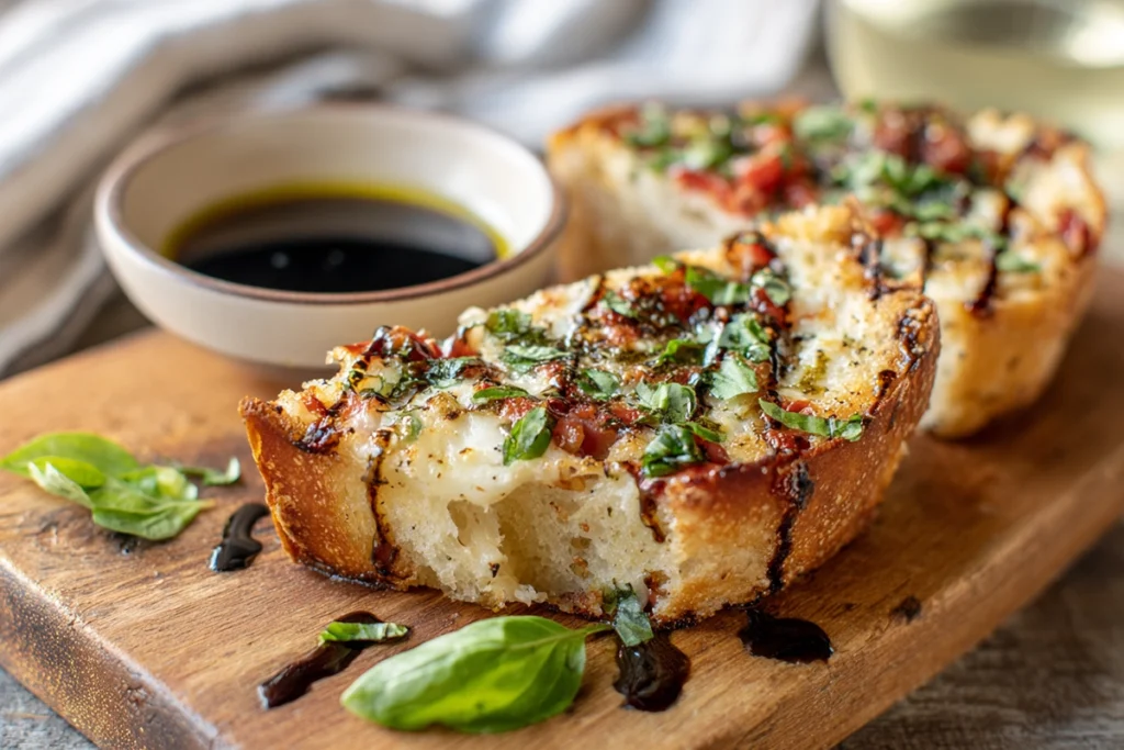 Savory Caprese Bread – A Fresh Twist on an Italian Classic 11 Served slices of savory Caprese bread on a wooden board with olive oil and basil in a bright modern kitchen.