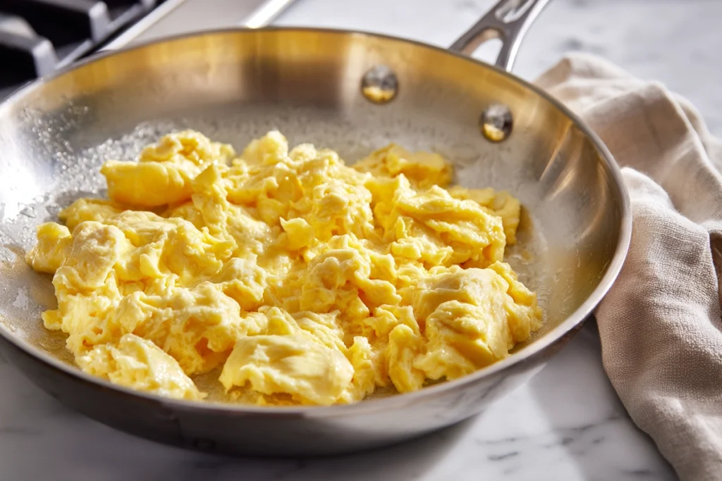 soft scrambled eggs being cooked for sausage egg breakfast roll ups