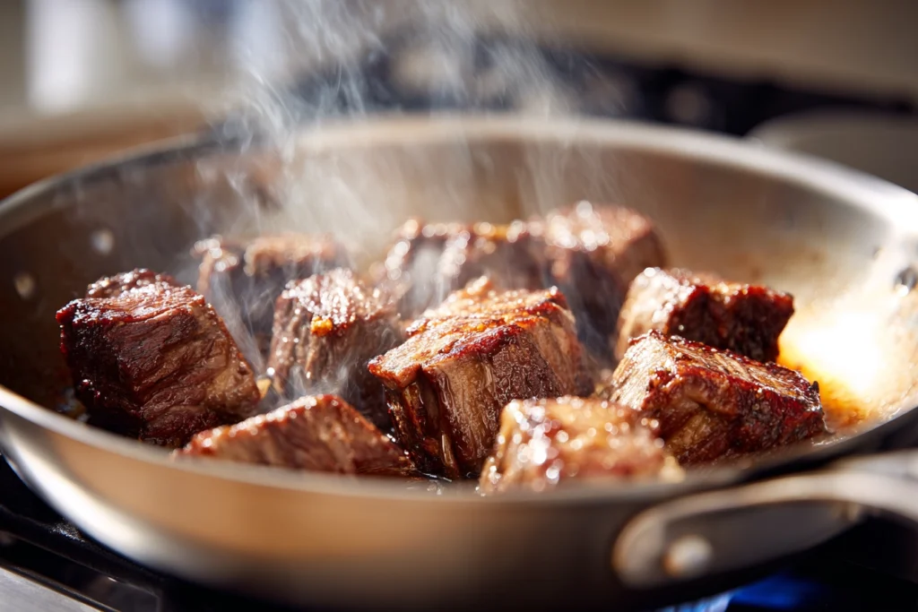 Super Tender Crockpot Beef Short Ribs: Fall-Off-The-Bone Comfort Food 8 searing beef short ribs in stainless-steel skillet showing golden caramelized texture under daylight