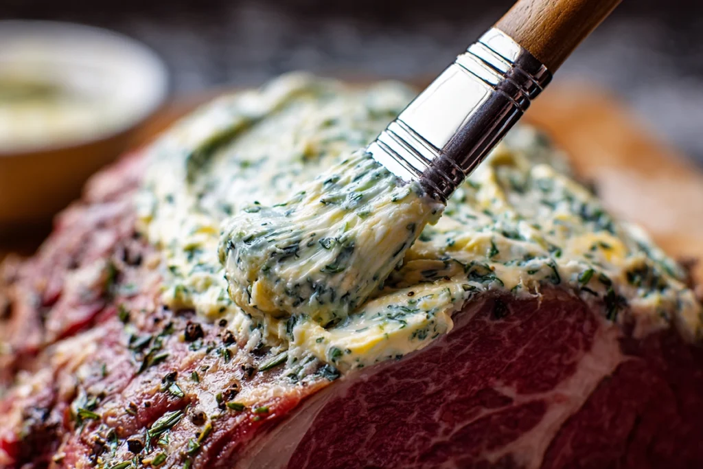 The Perfect Prime Rib Roast: A Foolproof Guide to a Juicy, Tender Centerpiece 9 close-up of prime rib roast coated in garlic herb butter before roasting