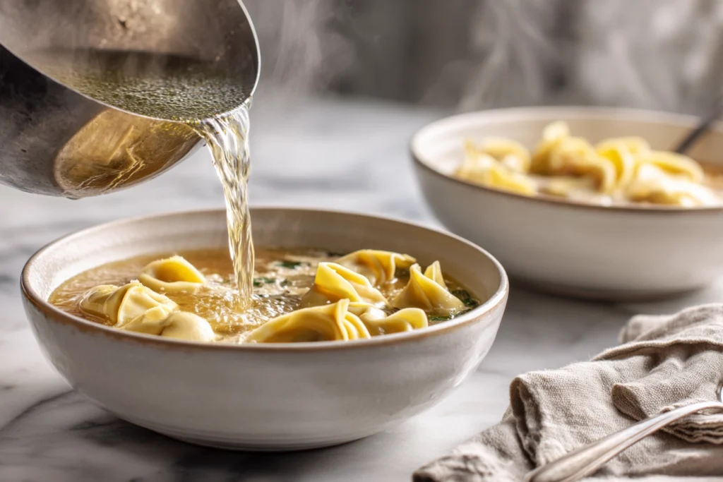 ladle pouring creamy autumn tortellini soup into a bowl with soft natural light