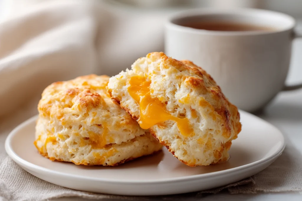 close-up of sliced breakfast protein biscuit showing fluffy texture and melted cheese