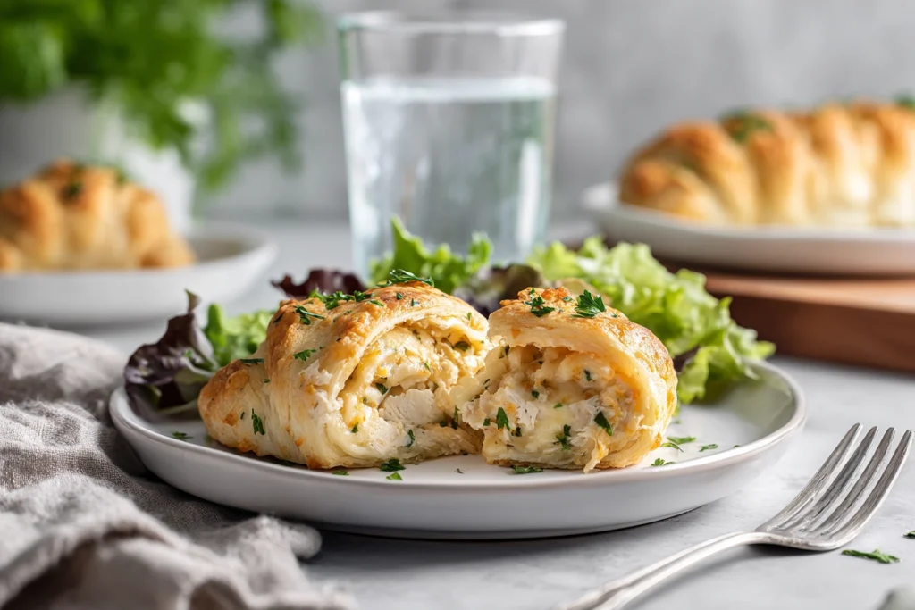 plated cheesy chicken crescent rolls with salad on modern table setup