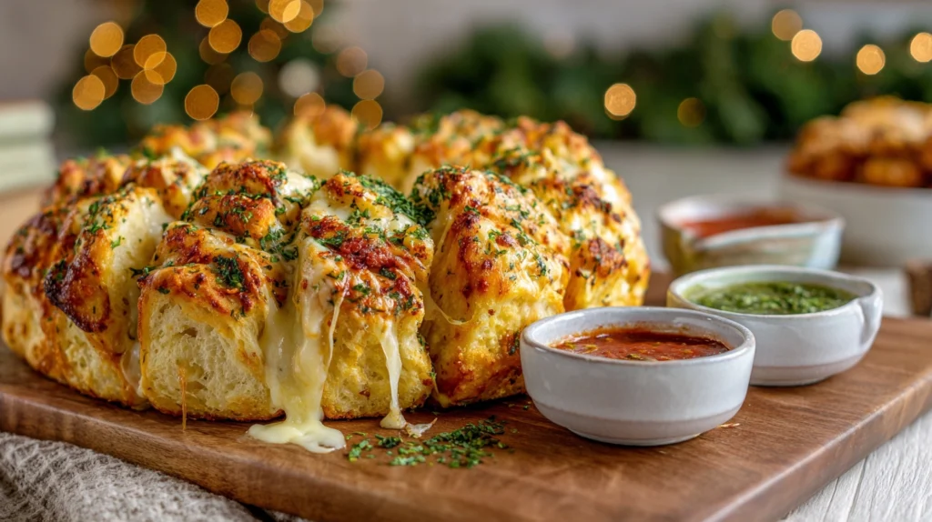 Cheesy Pull-Apart Christmas Tree Bread: The Ultimate Holiday Showstopper 10 cheesy pull apart Christmas tree bread served with dips on wooden board for holiday party