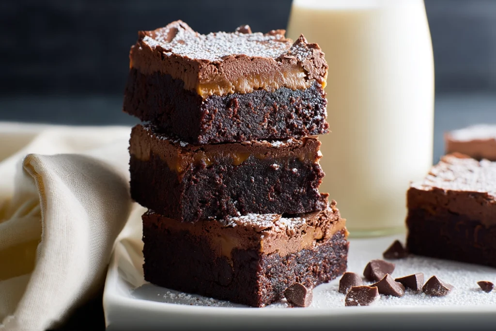 crack brownies served with vanilla ice cream and chocolate drizzle on plate