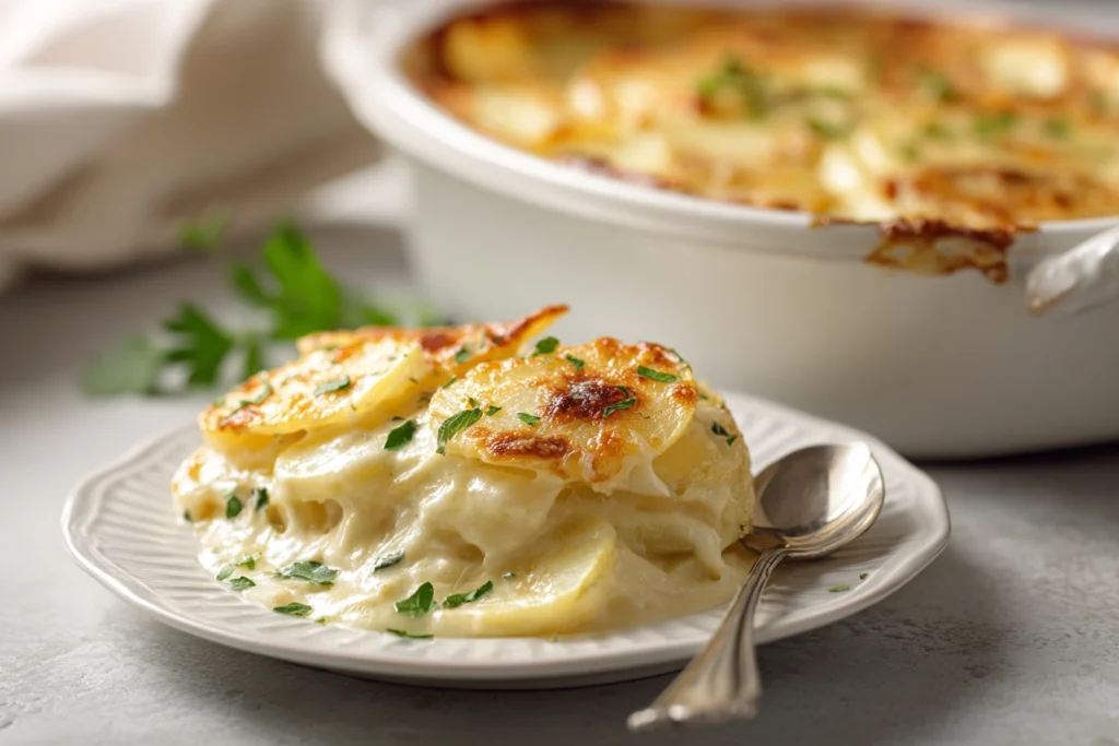 Creamy Scalloped Potatoes That Melt in Your Mouth Every Time 11 plated serving of creamy scalloped potatoes with steam rising in a bright kitchen