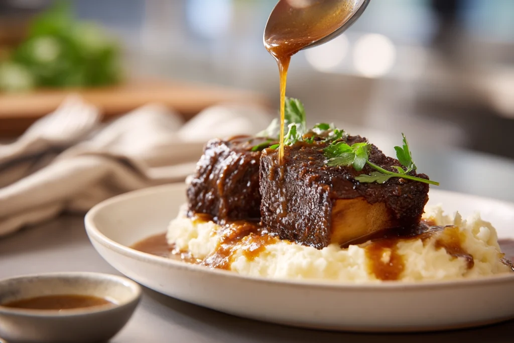 Super Tender Crockpot Beef Short Ribs: Fall-Off-The-Bone Comfort Food 10 crockpot beef short ribs plated with mashed potatoes and gravy being garnished in bright modern kitchen