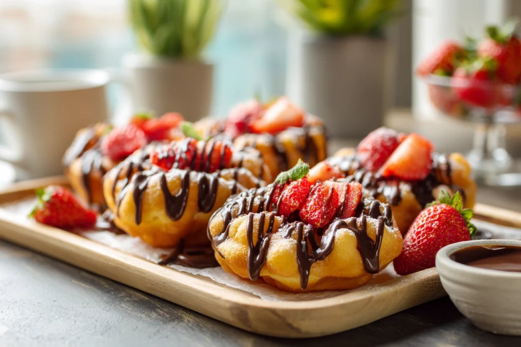 Plated funnel cake donuts with strawberries and chocolate sauce in modern kitchen