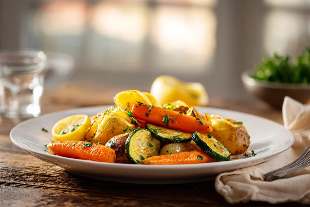 Garlic Herb Roasted Potatoes, Carrots, and Zucchini: The Perfect Easy Side Dish 9 A vibrant plate of garlic herb roasted vegetables served with fresh parsley and lemon.