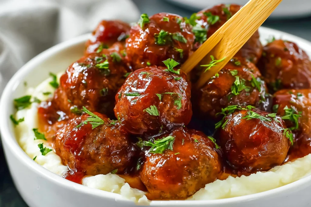 Meatballs with grape jelly served over mashed potatoes in a white bowl