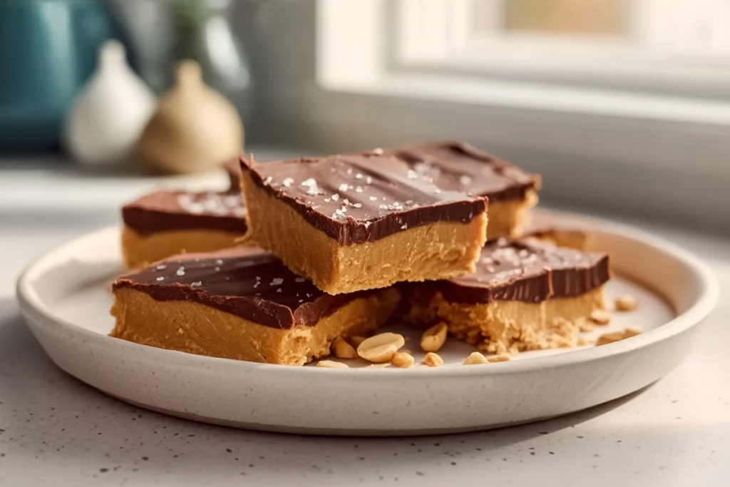 sliced no bake dessert peanut butter bars stacked on white plate with storage container in background