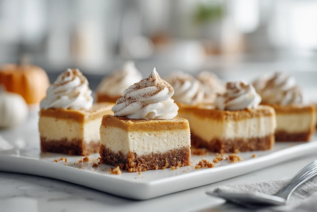 Irresistible Pumpkin Spice Cheesecake Bars You’ll Fall in Love With 11 sliced pumpkin spice cheesecake bars with whipped cream on white platter