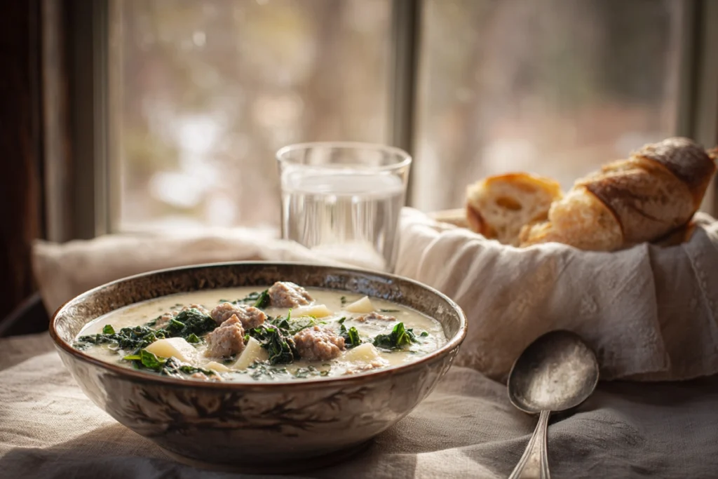 bowl of zuppa toscana soup served with bread in a bright modern kitchen