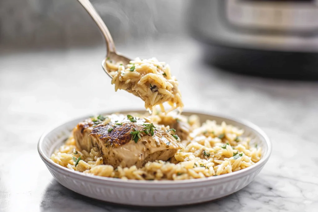 Slow Cooker Parmesan Herb Chicken Orzo – A Comforting One-Pot Dinner You’ll Crave 10 creamy slow cooker parmesan herb chicken orzo being served into a white bowl with steam rising