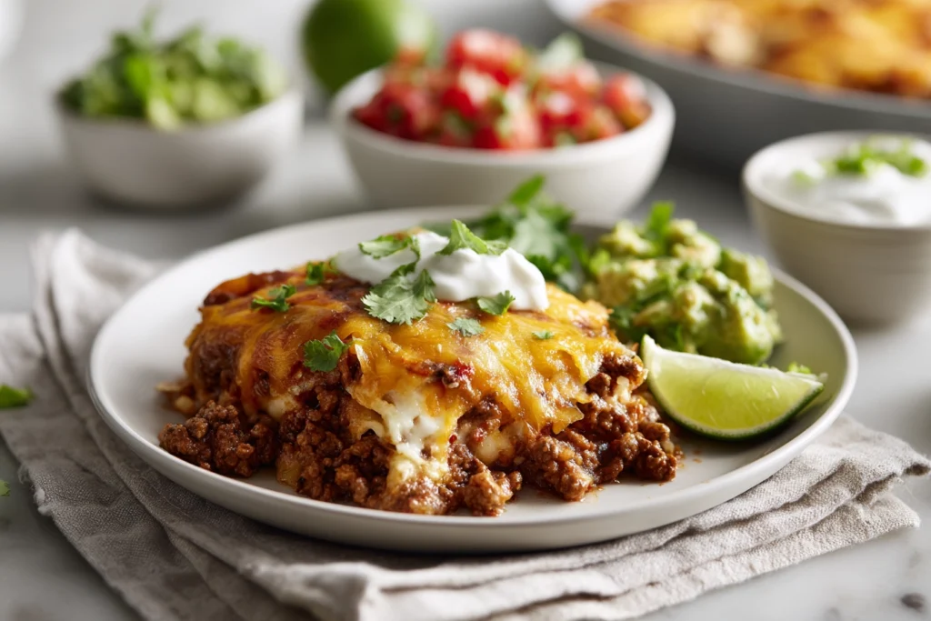 plated serving of slow cooker taco casserole with toppings like sour cream, salsa, and lime wedges