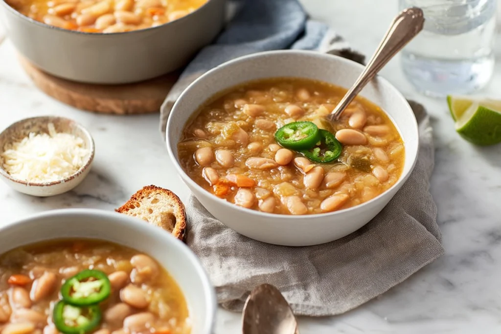 bowl of white bean soup served with bread and parmesan in a bright modern kitchen
