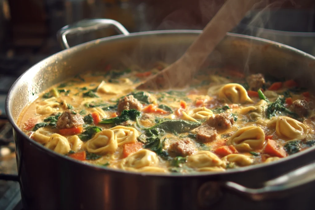 Creamy Sausage Tortellini Soup – The Cozy One-Pot Dinner You’ll Crave All Winter 9 creamy sausage tortellini soup simmering in stainless-steel pot with steam
