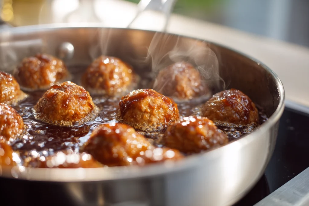 Meatballs simmering in grape jelly sauce in a stainless-steel pan