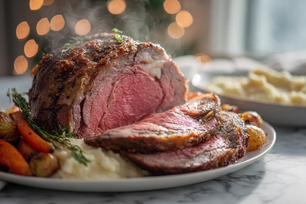 The Perfect Prime Rib Roast: A Foolproof Guide to a Juicy, Tender Centerpiece 11 sliced prime rib roast served with mashed potatoes and vegetables