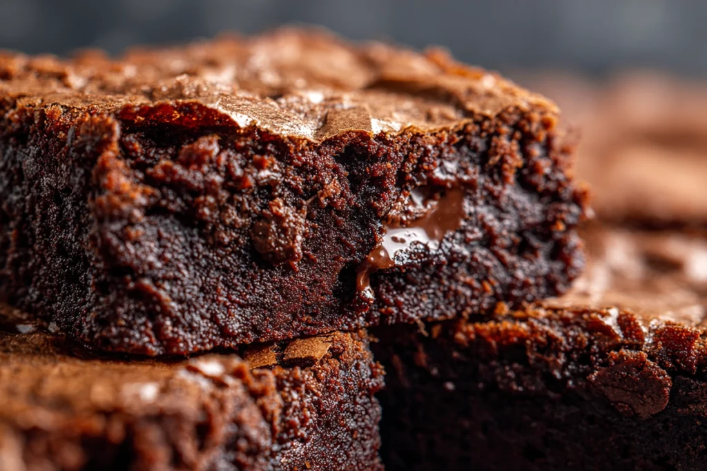 close-up knife slicing through layered crack brownies with shiny top