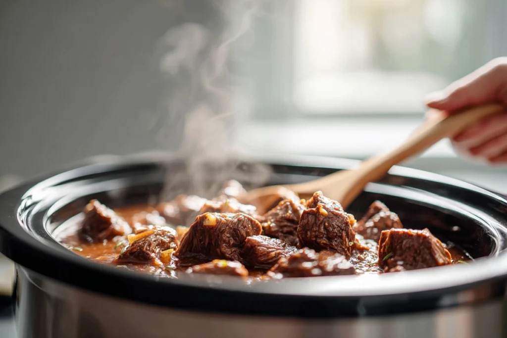 Slow Cooker Beef Manhattan – The Ultimate Comfort Food Classic Made Easy 9 Slow Cooker Beef Manhattan simmering in gravy inside a modern slow cooker with visible steam and tender beef chunks in natural kitchen lighting.